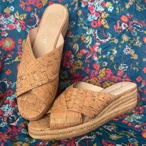 Brand New Jack Rogers Sloane Cork & Gold Wedge Espadrille Slip On Heeled Sandals